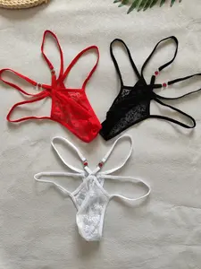 3 PCS Men's Sexy Thong Set, Ruby Retro Floral Style, Metal Ring, Breathable And Comfortable Underwear