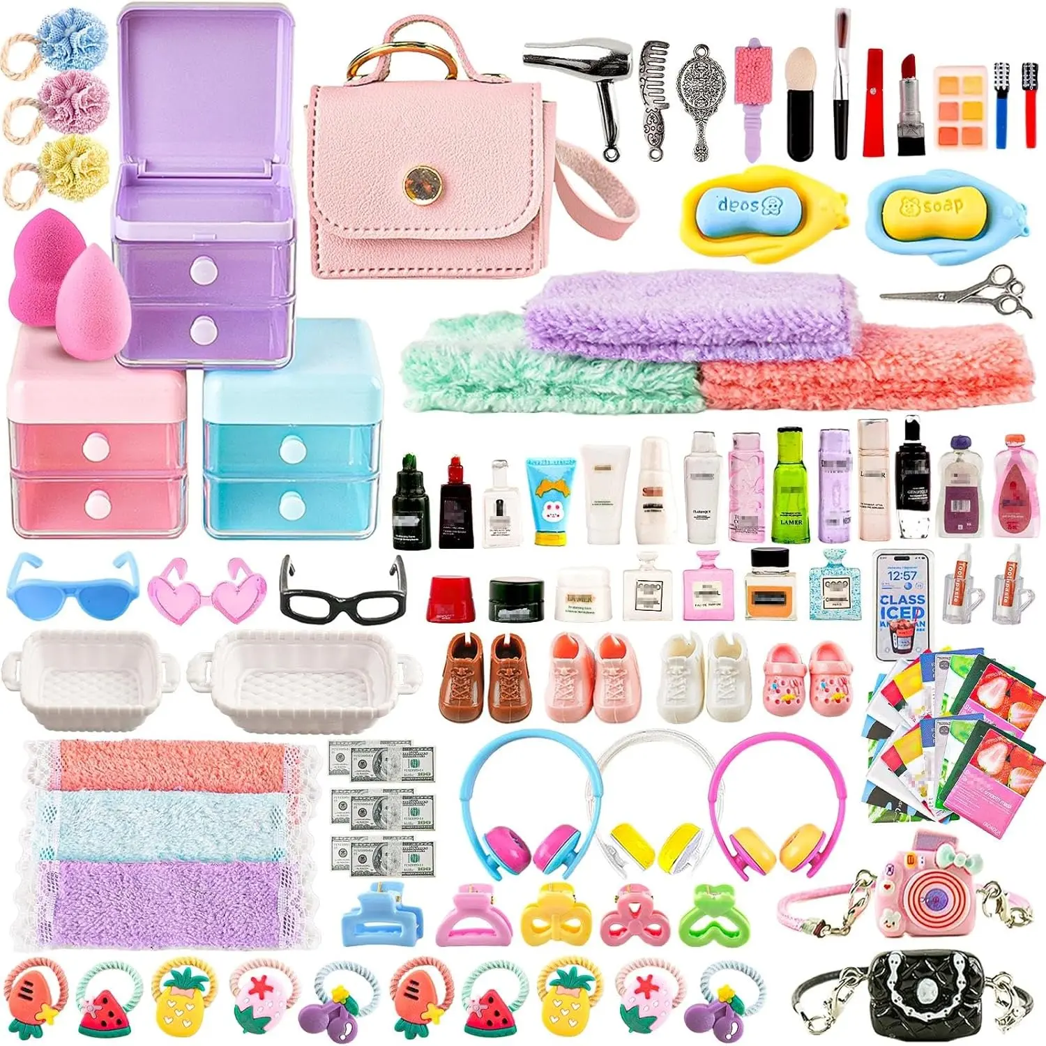 116Pcs Plastic Miniature Dollhouse Accessories Set - Makeup Tools, Bathroom Toiletries, Multi-Use Bags, Shampoo, Hair Dryer, Cosmetic Brush, Jewelry Box for DIY Decor, Halloween Fall Gifting (Toys & Hobbies Doll Houses & Playsets)