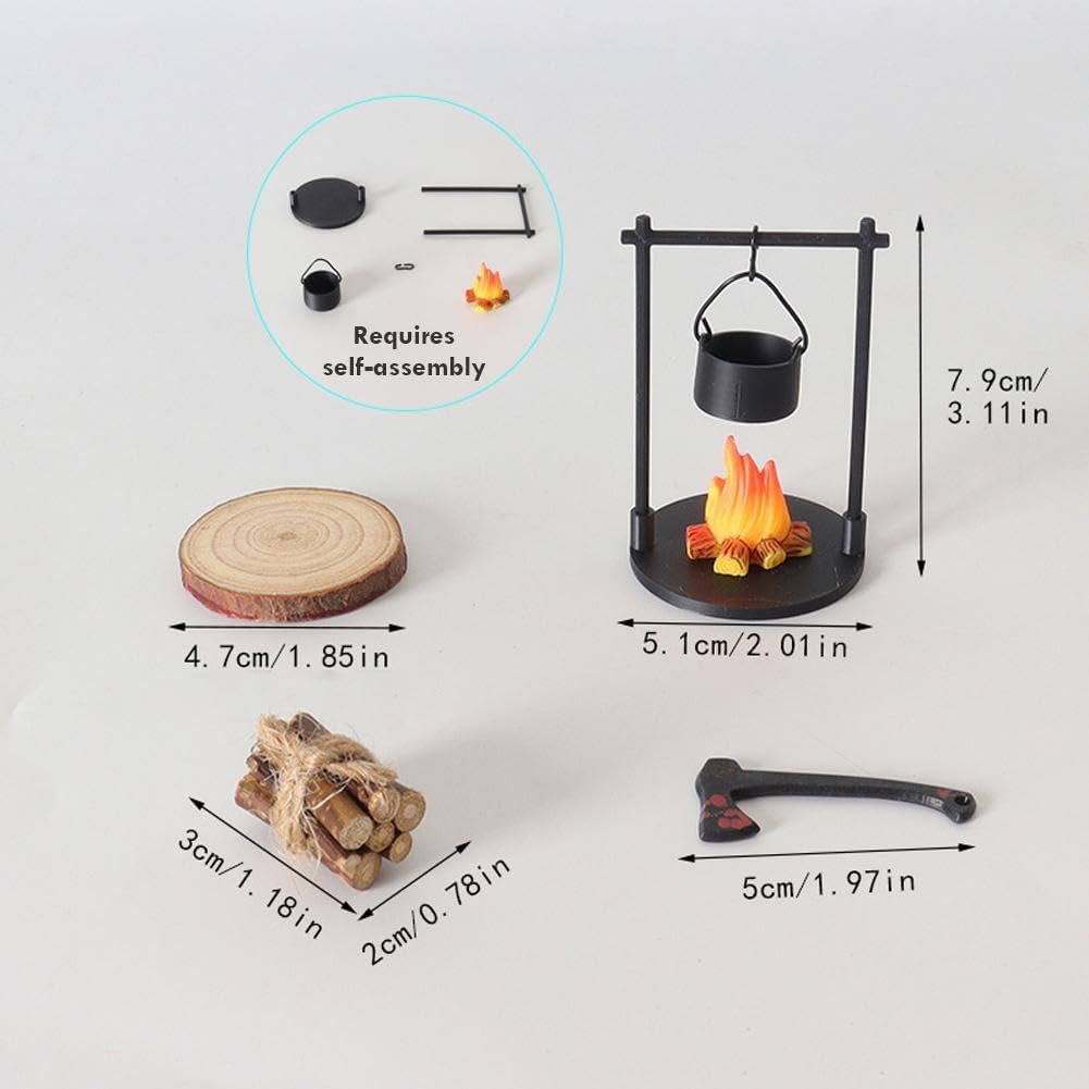 BougeRV  Mini Campfire & Teapot Miniature Statue – DIY Craft/Desktop Photo Prop, Wood/Plastic/PLA Decor Gift for Home, Kitchen, Office, or Garden
