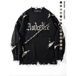 Men's letter pattern torn sweater, autumn and winter casual loose long sleeved round neck jumper, fashionable men's knitted sweater, suitable for daily wear