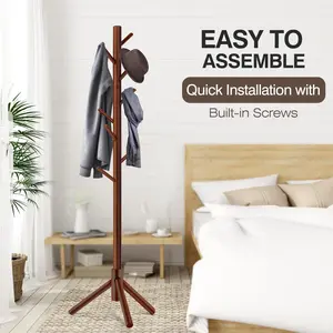 Wooden Coat Rack Freestanding with 8 Hooks | 3 Adjustable Heights | Wood Storage Organizer for Clothes, Hats & Handbags – Coat Tree for Entryway, Bedroom & Office (Brown & Nature), For Bench-Style Entryway Convenience