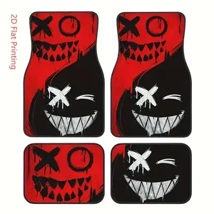 Set of 4 Flat 2D Anime-Themed Halloween Ghost Car Floor Mats, Suitable for All Types of Vehicles, Featuring Printed Designs, Not 3D