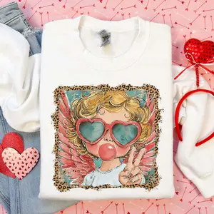 Retro Cupid Blowing Bubble T-Shirt/Sweatshirt/Hoodie, Cupid With Sunglasses Sweatshirt, Love Hearts Valentine Hoodie, Vintage Valentines Day Leopard Shirt