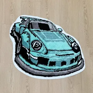 Turquoise Sports Car Pattern Tufted Rug – Indoor Floor Mat for Man Cave, Bedroom & Living Room | Detailed Automotive Design, Plush Soft Texture, Durable Tufted Carpet for Stylish Decor & Comfortable Footing