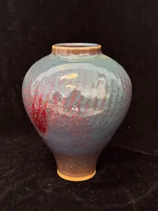 Handmade Chinese Jun Porcelain Vase, Vintage Red-Green Kiln-Fired Glaze Ceramic Vase, Unique Asian Art Home Decor