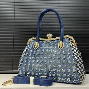 Lightweight Design Elegant Blue Woven Bag With Rhinestone & Floral Inlay, Golden-Tone Hardware, Detachable Shoulder Strap – Stylish Y2K Design For Work, Commuting, And Parties, Small Bag