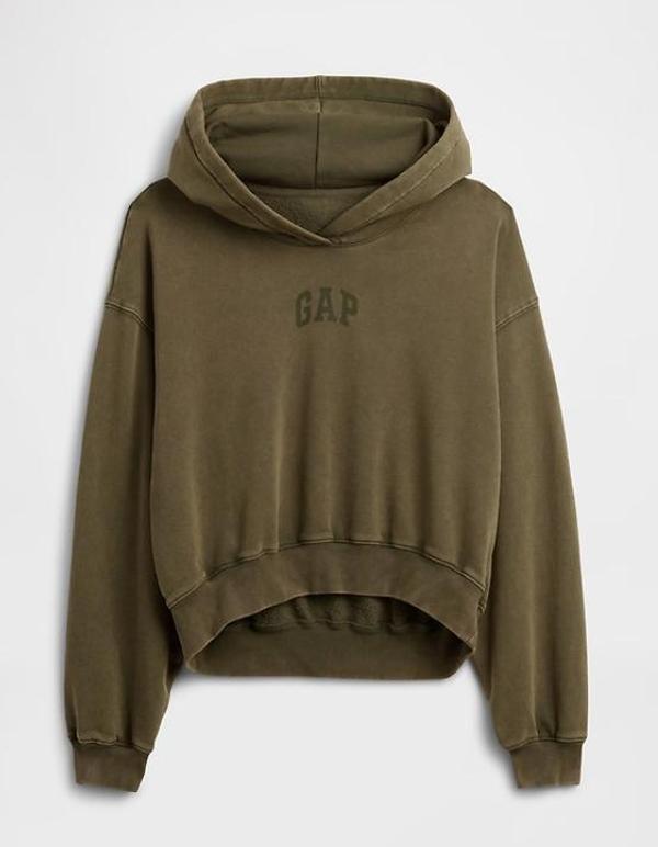 GAP VintageSoft Crop Logo Hoodie - Soft Cotton Blend Fleece, Long Sleeves, Banded Cuffs, Neon Pink Style, Medium Size