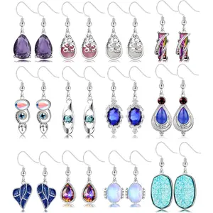 YADOCA 12 Pairs Silver Earrings Set for Women Teardrop Druse Crystal Drop Dangle Earrings for Girls Cubic Zirconia Vintage Bohemian Drop Earrings Jewellery Set