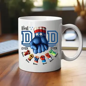 Personalized Best Dad Ever Mug, Dad and Children Fist Bump Mug, Super Father's Day Fist Bump Mug , Holding Hand Coffee Mug