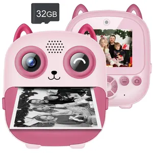 Instant Print Camera, Cute Cat Design Digital Camera with 1 Roll Paper, Digital Camera for Kids, Birthday Gift for Boys Girls