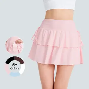 FireSwan 2026 Y2K Women's Solid Nylon Lettuce Trim Tiered Ruffle Hem Mini Skirt - Elegant Tie-Side Bottoms with Built-In Shorts, Basic Greenish Style for Daily Wear, Skirts,summervibes outdoorfun,summerwins