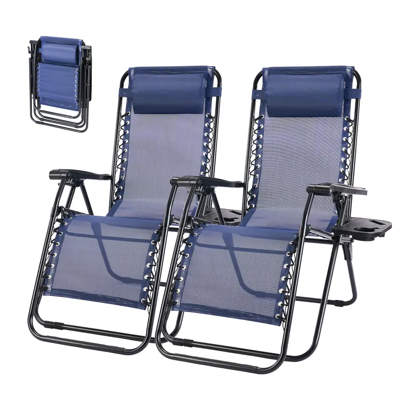 2-Pack Ergonomic Reclining Camping Chairs - Portable Beach Chair, Locks in 0-G, Adjustable Back, Cup Holder Trays, Adjustable Pillow, Durable for Patio Poolside Outdoor Lounging