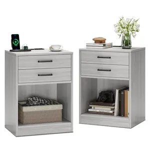 Sikaic 2Pcs Nightstand with Charging Station Modern Bedside Table with 2 Drawers and Open Storage Shelf for Bedroom