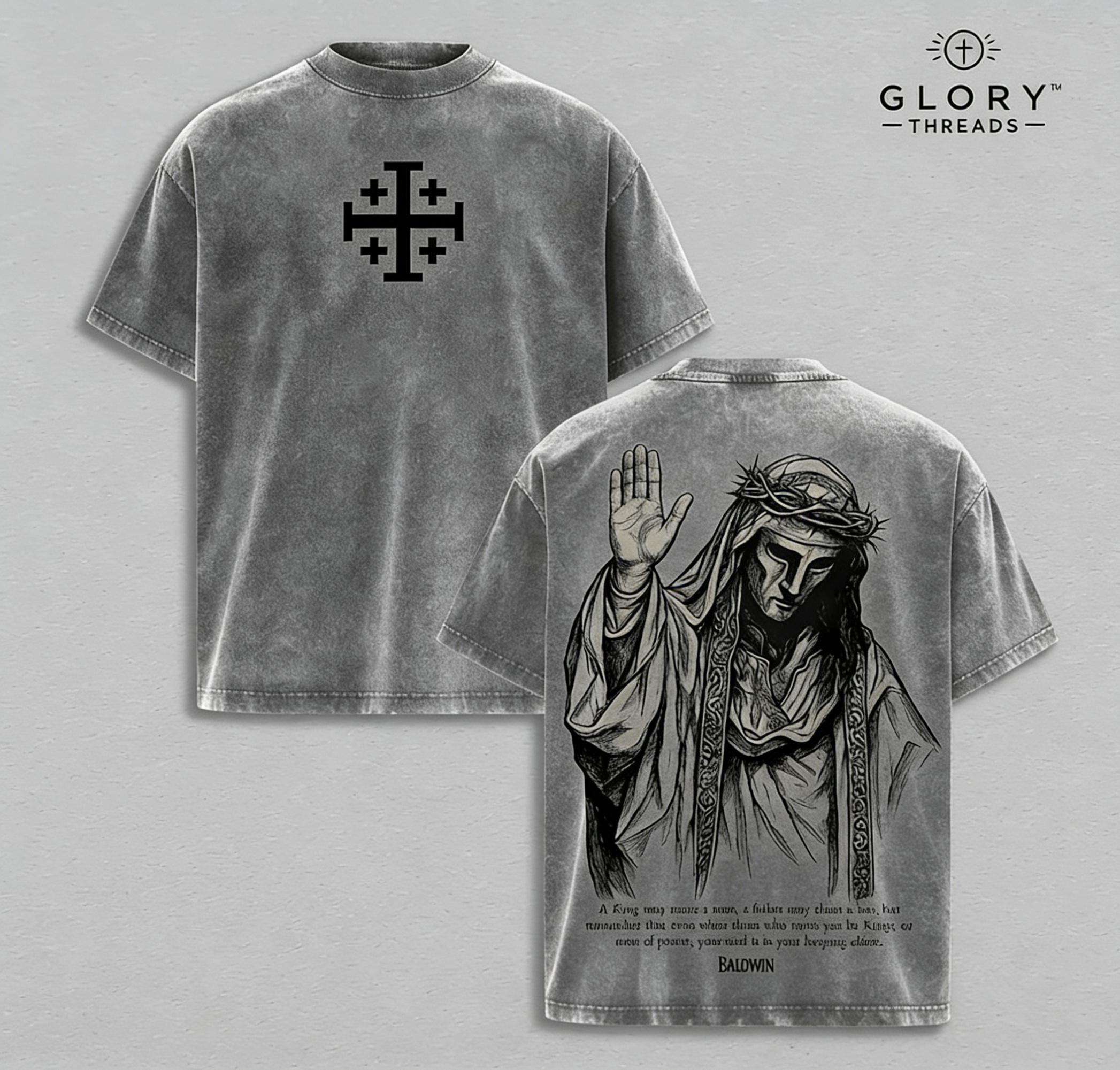 Baldwin IV "The Leper King" T-Shirt Washed, Crusader King of Jerusalem Tee, Jerusalem Cross Medieval Christian Shirt, Vintage Washed Gothic Faith Streetwear - Jesus Apparel - Christian Outfit