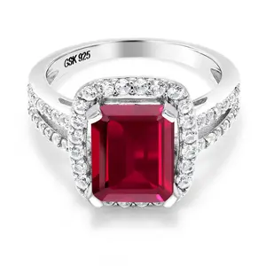 4.42 Cttw Red Created Ruby Ring | Engagement Ring For Women | Emerald Cut 10X8MM | Wedding Engagement Anniversary Promise Ring For Women | Available In Size 5, 6, 7, 8, 9