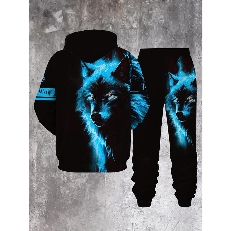 Blue Wolf Pattern Men's Spring Autumn Long Sleeve Casual Sweatshirt Set Hooded 100% Polyester Fiber Regular Fit Digital Printing