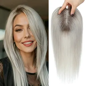 Vasilia Grey Hair Toppers for Women with Thinning Hair 10/14inch 100% Remy Human Hair Straight Hair Toppers for Women Real Human Hair Clip in Hair Pieces for Women with Breathable Swiss Base, Suitable for Daily Wear, Party, As A Gift for Mother, Wife.