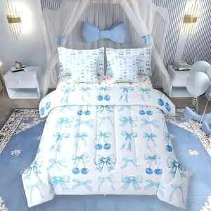 Blue Cherry Bow Comforter Set,Cute Silk Ribbon Bowknot 7 Piece Bedding Set,Princess Bow Tie Dreamy Kawaii Bed in a Bag