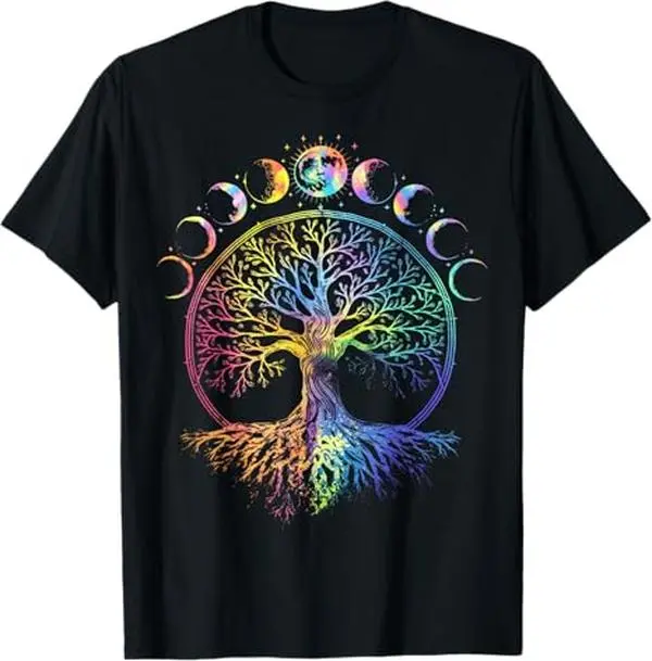 Vintage Boho Rainbow Tree of Life Moon Cycle Short Sleeve Top, Yoga & Meditation Spiritual Men Tshirt