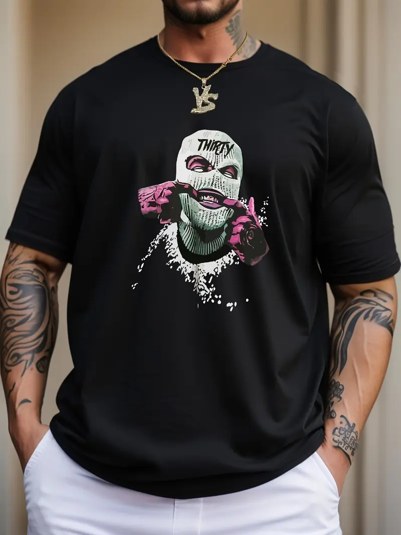 Men's Short-Sleeve T-Shirt - Colorful Balaclava Mask 30 Text Splash Ink Portrait Graphic, Micro-Loose Crew Neck, Trendy Hip Hop Streetwear Menswear Top for Daily Urban Outfits
