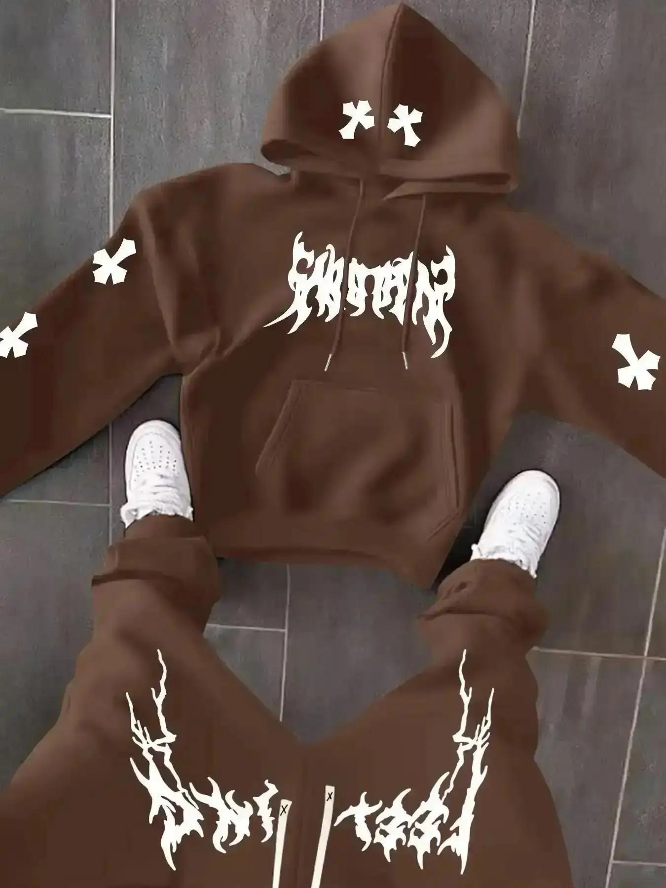 2026 Men's Black Long Sleeve Hoodie and Pants Set American Streetwear with Lightning Cross Print Stylish Casual Wear Featuring Slight Stretch and Detailed Pockets