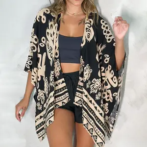 ChicMe Women's Vintage Baroque Print Open Front Half Sleeve Cover-up Casual Hollow-out Back Loose Fit Cardigan Swimwear Coverups