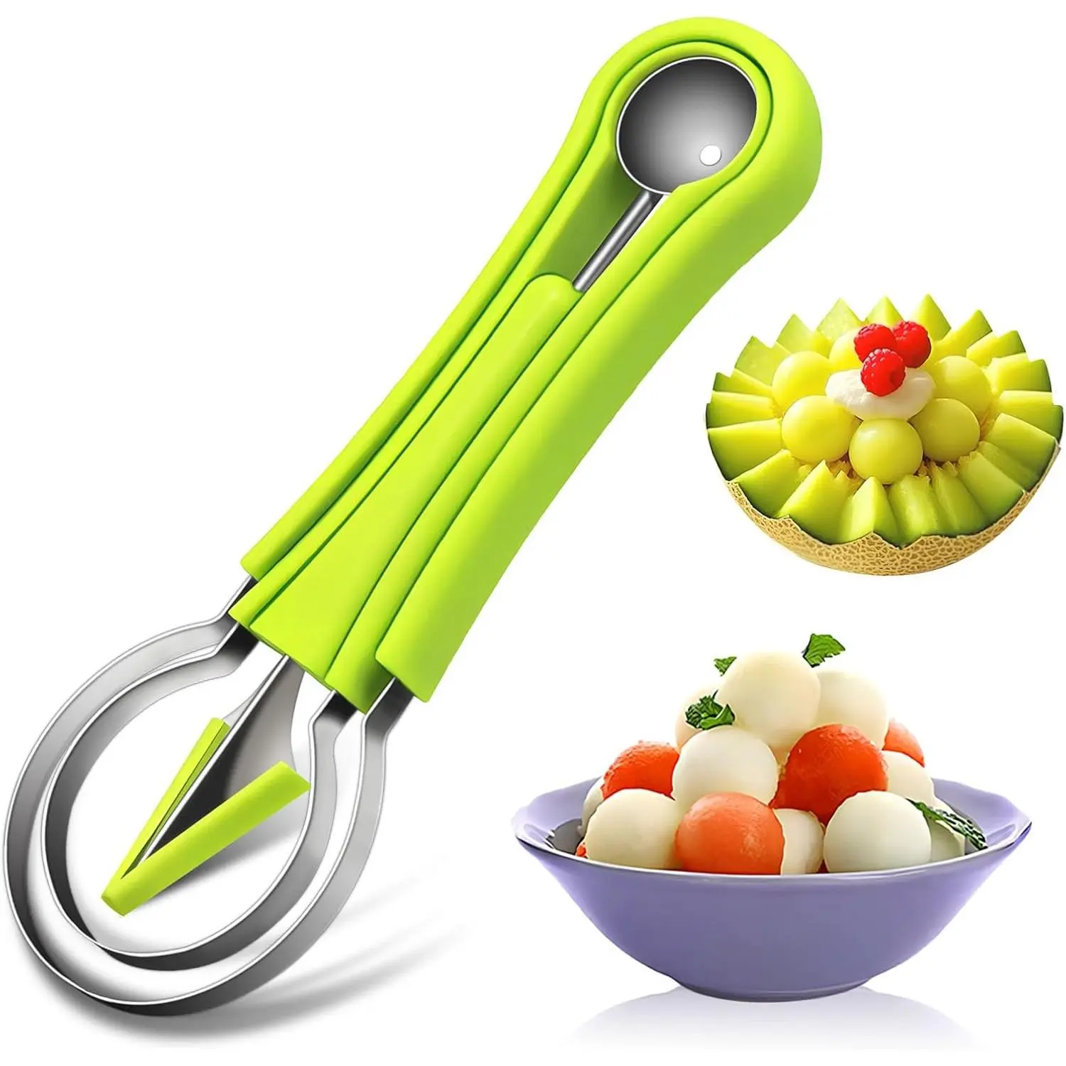 1 PCS Multi Functional 3 in 1 Melon Ball Spoon Set Portable Dual Purpose Fruit Cutting Carving Tool Practical Watermelon Scoop Fruit Baller Spoon Ideal For DIY Fruit Platter Dessert Salad Making Home Kitchen Daily Fruit Decorating Hand Accessories