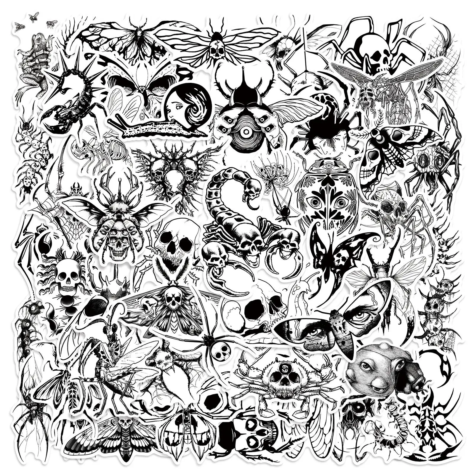 Gothic Insect Series Sticker, 50pcs/set Self Adhesive Decorative Stickers, DIY Decals for Water Bottle, Laptop, Phone Case, Scrapbooking, Journal Making, Cover