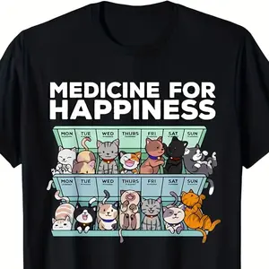 Women's Plus Size "Prescription for Happiness" Cute Cat Graphic Cotton T-Shirt, Black Weekly Pill Box Casual Crew Neck Tee Ideal Holiday Gift