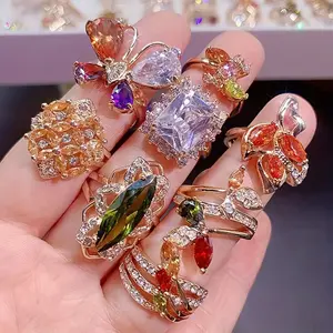 50pcs Luxurious Retro Color Rhinestone Women's Rings, Exaggerated Elegant Multi Synthetic Zirconia Inlaid Copper Alloy Rings for Couples, Parties, Weddings, Daily Wear Piece Set Jewelry Accessory