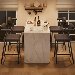 Counter Height Bar Stools of 4 with Armrests, 4 Piece Counter Height Bar Stools Set with Back, Upholstered Seat & Metal Footrest for Kitchen Islands, Counter Bars, Retro Brown