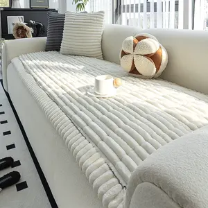 1 Piece Solid-Color Ribbed Plush Sofa Cushion - Warm and Soft, Machine Washable, Pet Furniture Protector, Dust-Proof & Stain-Resistant, Suitable for All Seasons, Washable Sofa Slipcover. Fits 2-Seater/3-Seater/4-Seater Living Room Sofas