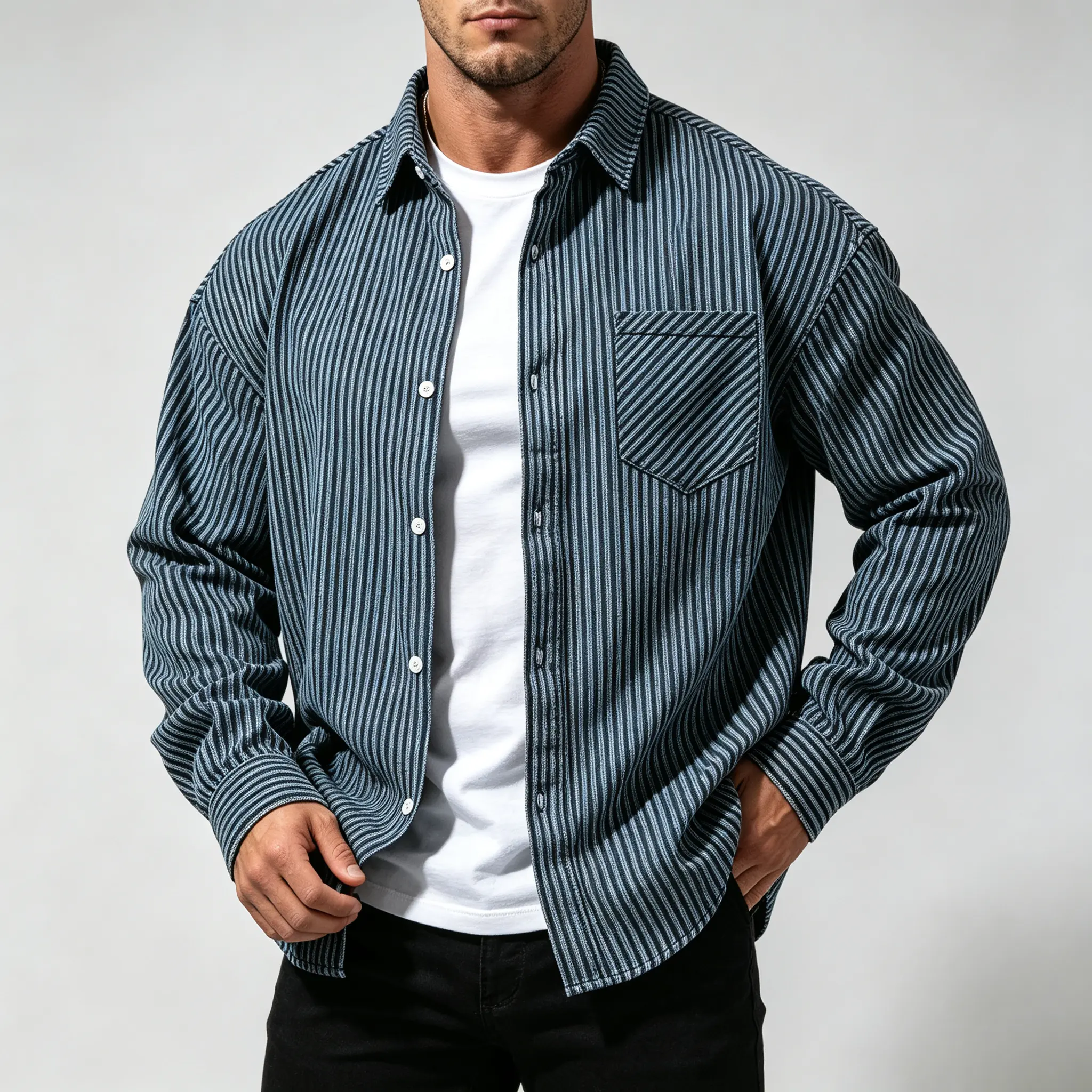 Men’s Classic Vintage Blue-White Vertical Striped Cotton Long-Sleeve Shirt, Breathable Loose-Fit, Heavyweight Denim-Like Texture, Turn-Down Collar, Pocket, Distressed, for Spring/Autumn Casual & Commuting Outdoor Shirt Jacket