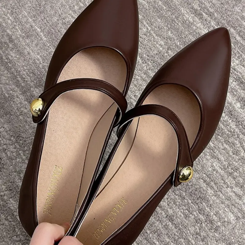Fashionable Women's Flat Mary Jane Shoes, PU Leather, Pointed Toe, Strap Design, Anti-Slip Rubber Sole, Comfortable for All Seasons, Strappy Mary Janes
