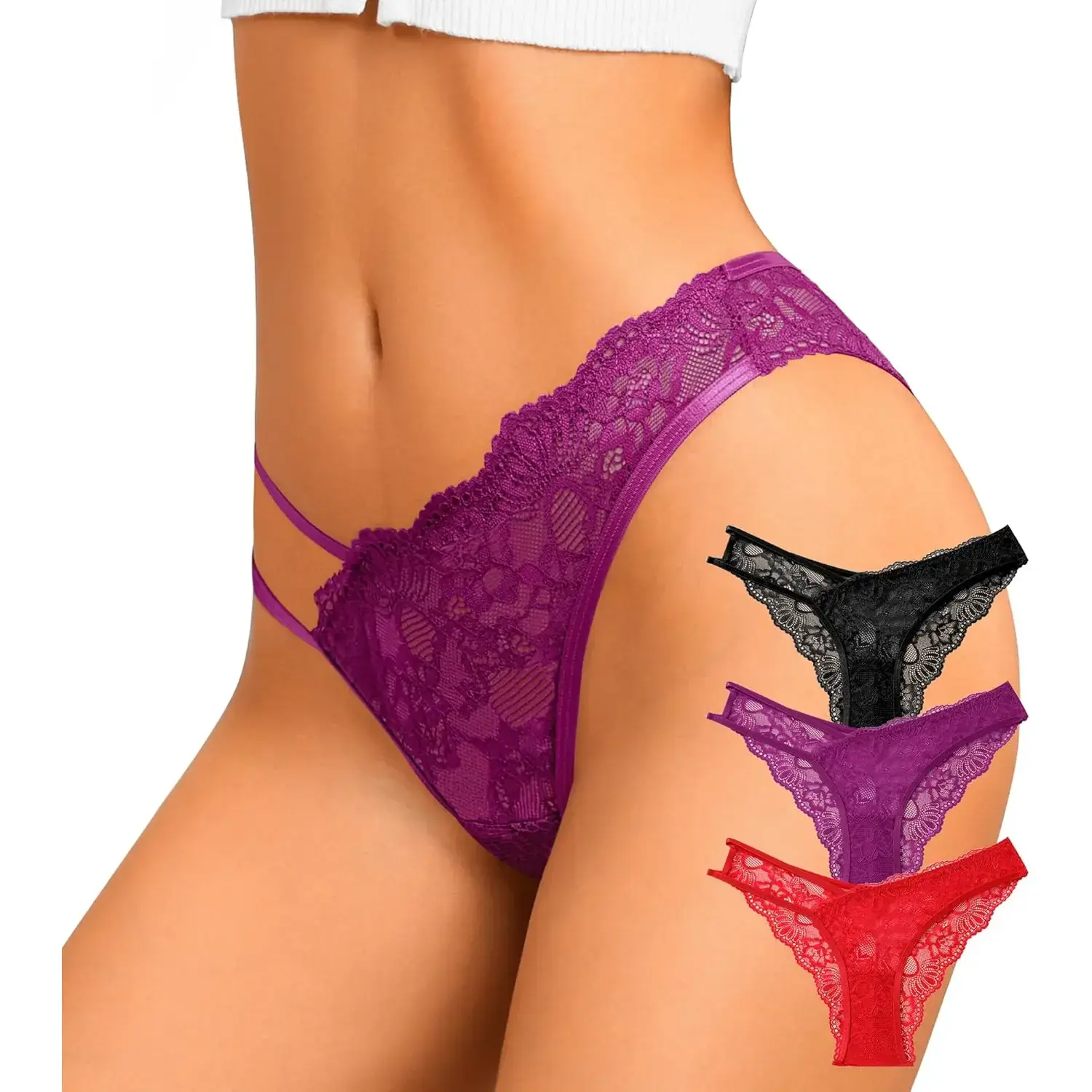 Sexy Lace Panties for Women - V-Shape Breathable Seamless Hipster Underwear - Cheeky 3 Pack