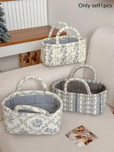 2026Vintage Blue Floral Quilted Tote Bag, Aesthetic  Print Basket Bag, Cute Floral Handbag for Women, Travel & Daily Use, Casual Lightweight Bag