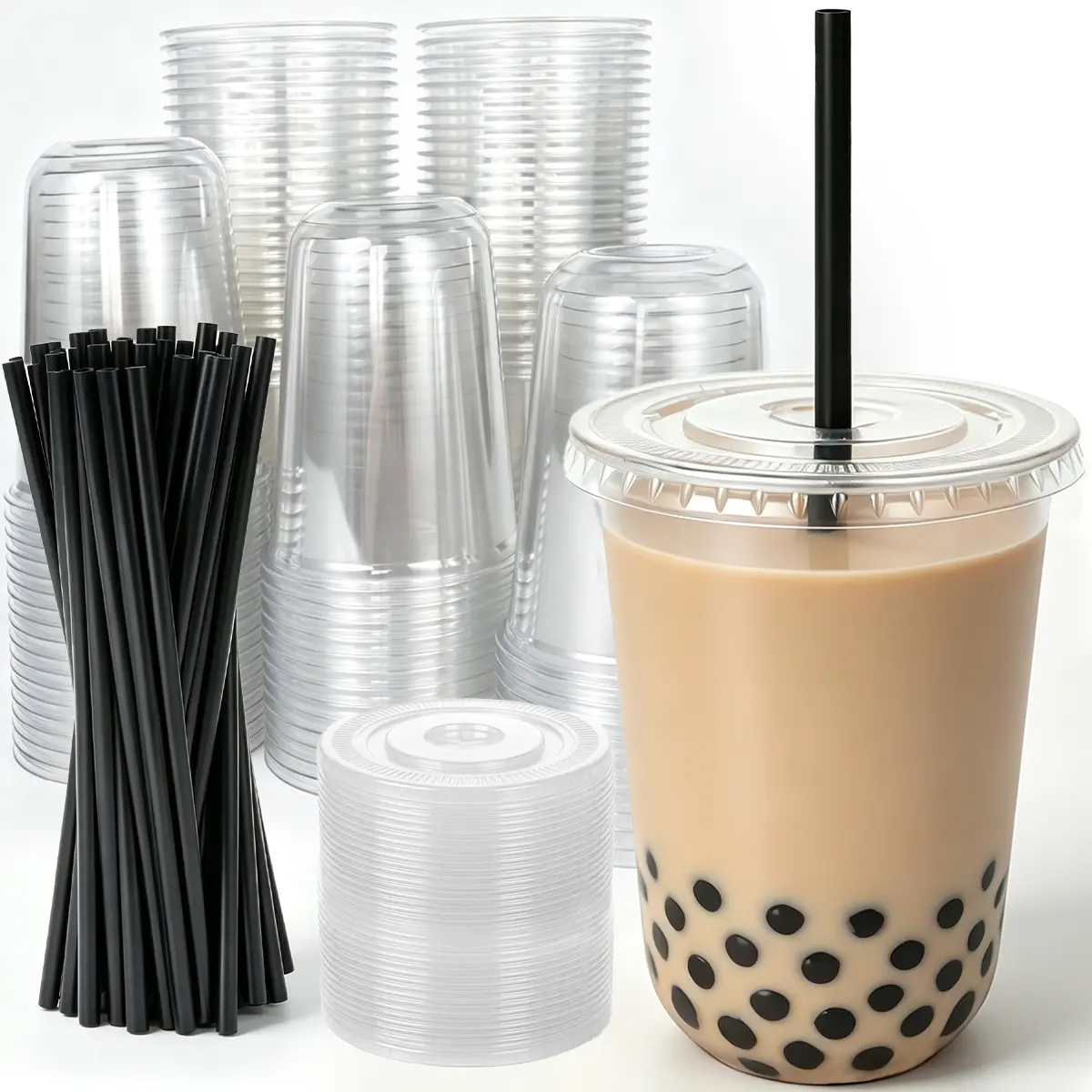 16oz Clear Disposable Plastic Cups with Lids & Black Straws, 100 Pack, Thick PET Iced Coffee Bubble Tea Cups, Reusable Takeaway Drinking Cups for Smoothie, Juice, Milk Tea，camping essentials