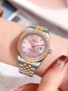 High-end gold-plated rose gold women's watch, diamond-encrusted quartz watches with calendar function and water resistance, a versatile luxury daily log-style workplace and commuting ladies' wristwatch, fashionable analog watch, perfect for gifting