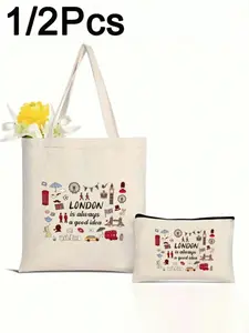London Theme Bus Bag Set, Large Capacity Shoulder & Handbag Combo, Fashion Casual Mini Makeup Pouch, Ideal for Shopping & Work