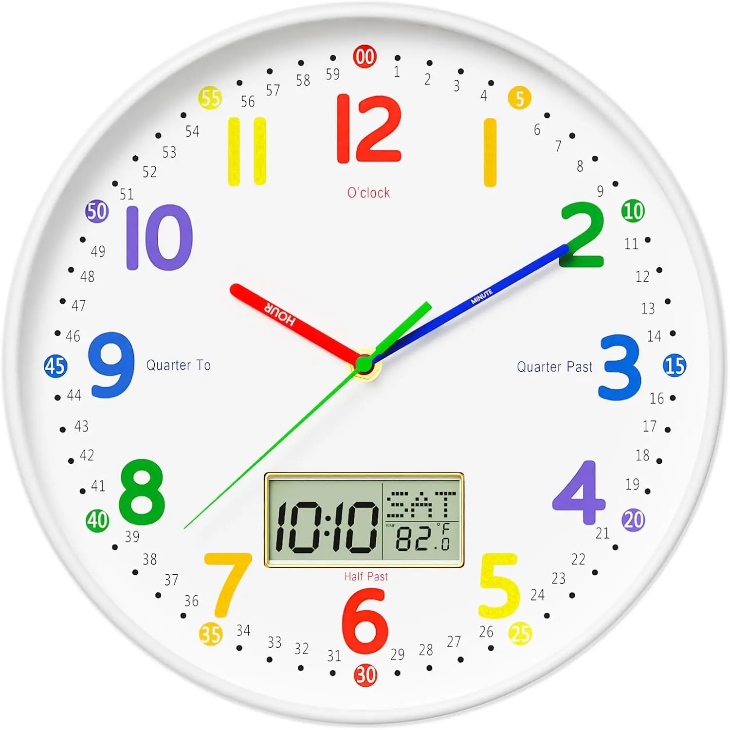 12" Round Silent Non-Ticking Teaching Wall Clock with LCD Date, Weekday, Temperature Display, Tempered Glass, Colorful Decor for Room, Classroom (DIY Learning Clock)