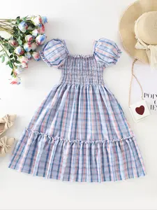 Girls' Summer Dress, Sweet Plaid Square Neck Design, Bubble Sleeve Style, Layered Ruching Waist Detail, Perfect for Casual Wear, Striped Pattern Dress