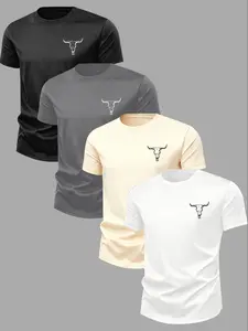Men's Classic Bull Head Graphic Print Round Neck Short Sleeve Fitted T-Shirt Set, Casual Comfortable Top for Fall Winter Outdoor Wear, 4 Piece Set, Casual Style Tee