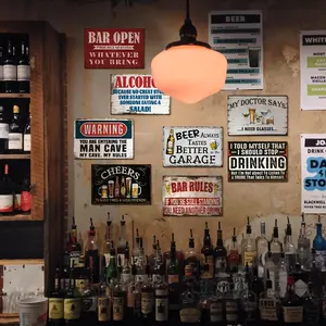 8pc Rustic Beer Signs Metal Set | Vintage BAR RULES & MAN CAVE Warning Plaques, Alcohol Humor Decor with Garage Drinking Quotes, Pub Wall Art Decoration