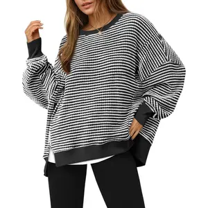 Women's Fall Oversized Sweatshirt Casual Waffle Knit Long Sleeve Crewneck Split Pullover Tunic Tops