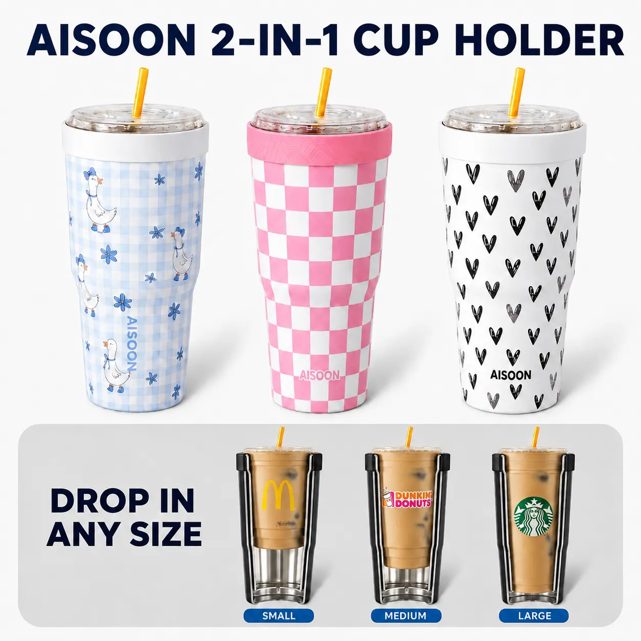 AISOON 2-in-1 Insulated Cylindrical Sleeve & Tumbler for 16oz-24oz Cups, Stainless Steel Reusable Coffee Cup with Lid, Straw, Silicone Ring, Keeps Cold for On-the-Go Drinks