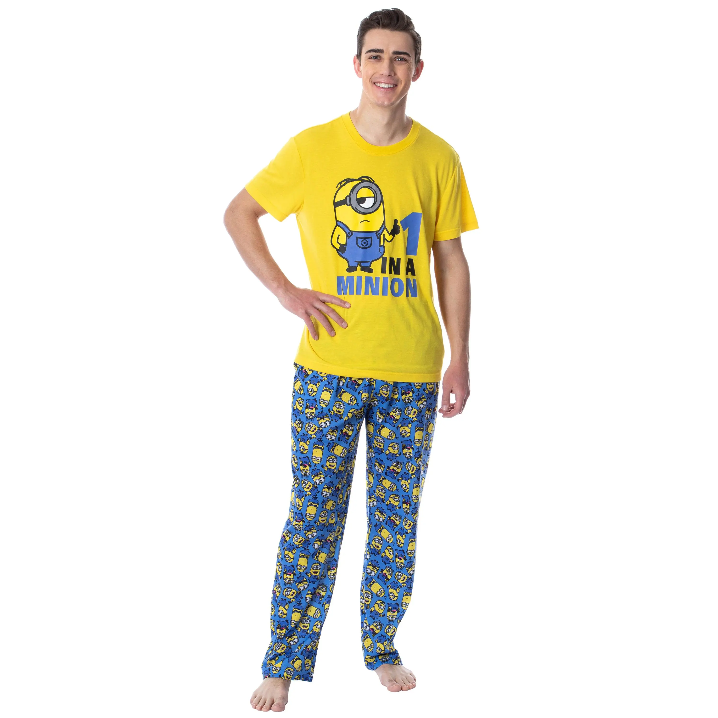 PJammy Men's Despicable Me Minions 2-Piece Pajama Set, Raglan Graphic Tee & Pants Polyester Nightwear with Stretch, Fabric
