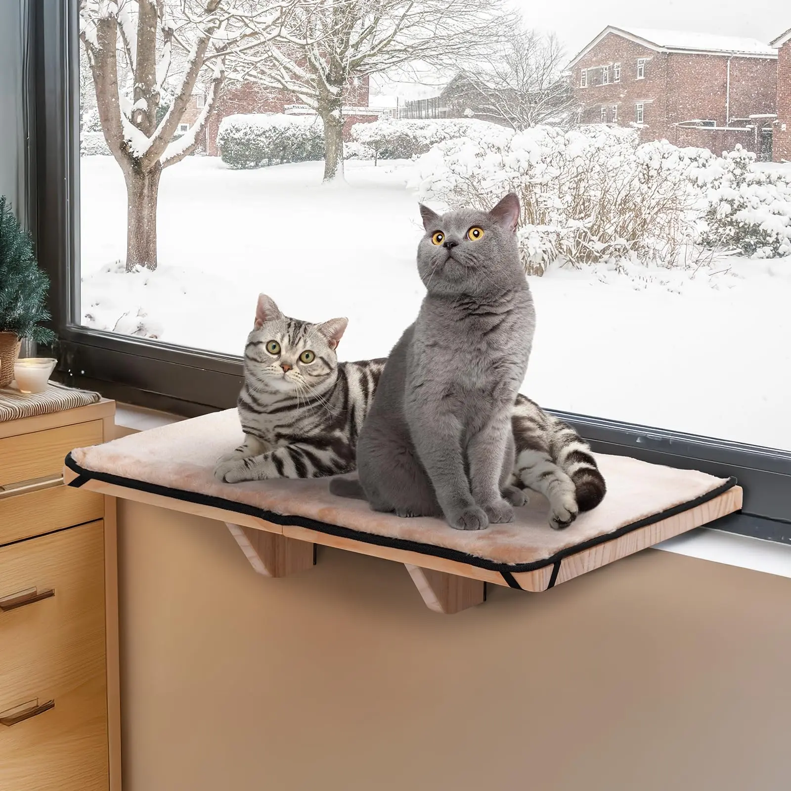PETSFIT 2 Cats Design Window Perch, Cat Hammock Window Seat with Natural Wood &Removable Fleece Mat for Large Cats, Easy to Adjust&Assemble Cat Bed for Windowsill, Bedside and Drawer Kitten Tower Home