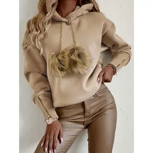 Cozy Fuzzy Pom-Pom Hoodie for Women - Casual Zip-Up Pullover, Polyester Blend, Perfect for Fall/Winter Fabric Womenswear