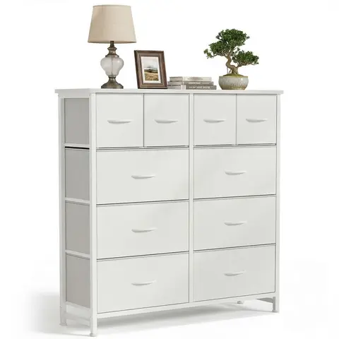 Sweetcrispy 10-Drawer Fabric Storage Chest - Sturdy Single Unit Fabric Dresser Bedroom Furniture with Metal Base, Dresser for Bedroom, Modern Home Decor for Small Space Living
