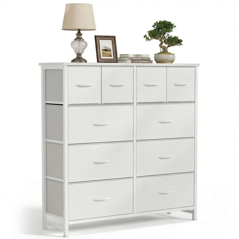 Sweetcrispy 10-Drawer Fabric Storage Chest - Sturdy Single Unit Fabric Dresser Bedroom Furniture with Metal Base, Dresser for Bedroom, Modern Home Decor for Small Space Living